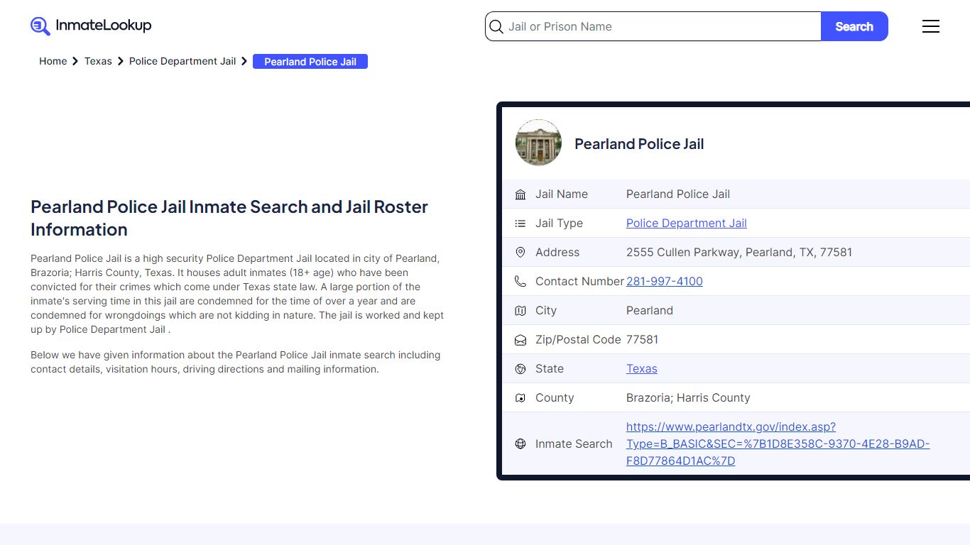 Pearland Police Jail Inmate Search and Jail Roster Information